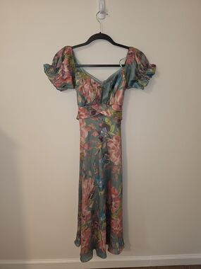 Floral Puff-Sleeve Midi Dress in Teal and Pink